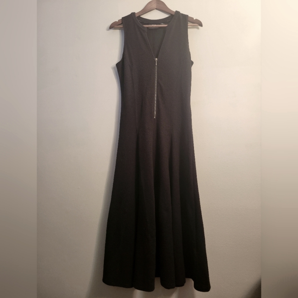 Maeve Anthropology Vera Midi Dress Black Zip Front V Neck Womens Size S